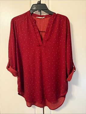 Lush Burgundy Red Polka  Dot Split V-Neck Roll-Tab Tunic